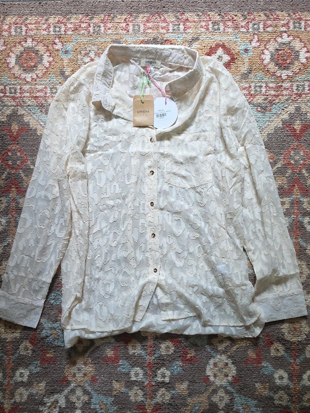 Umgee Cream Lace Sheer Button-Front Shirt Medium Ladies